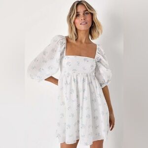 Lulu's Always Charming White Floral Swiss Dot Babydoll Dress